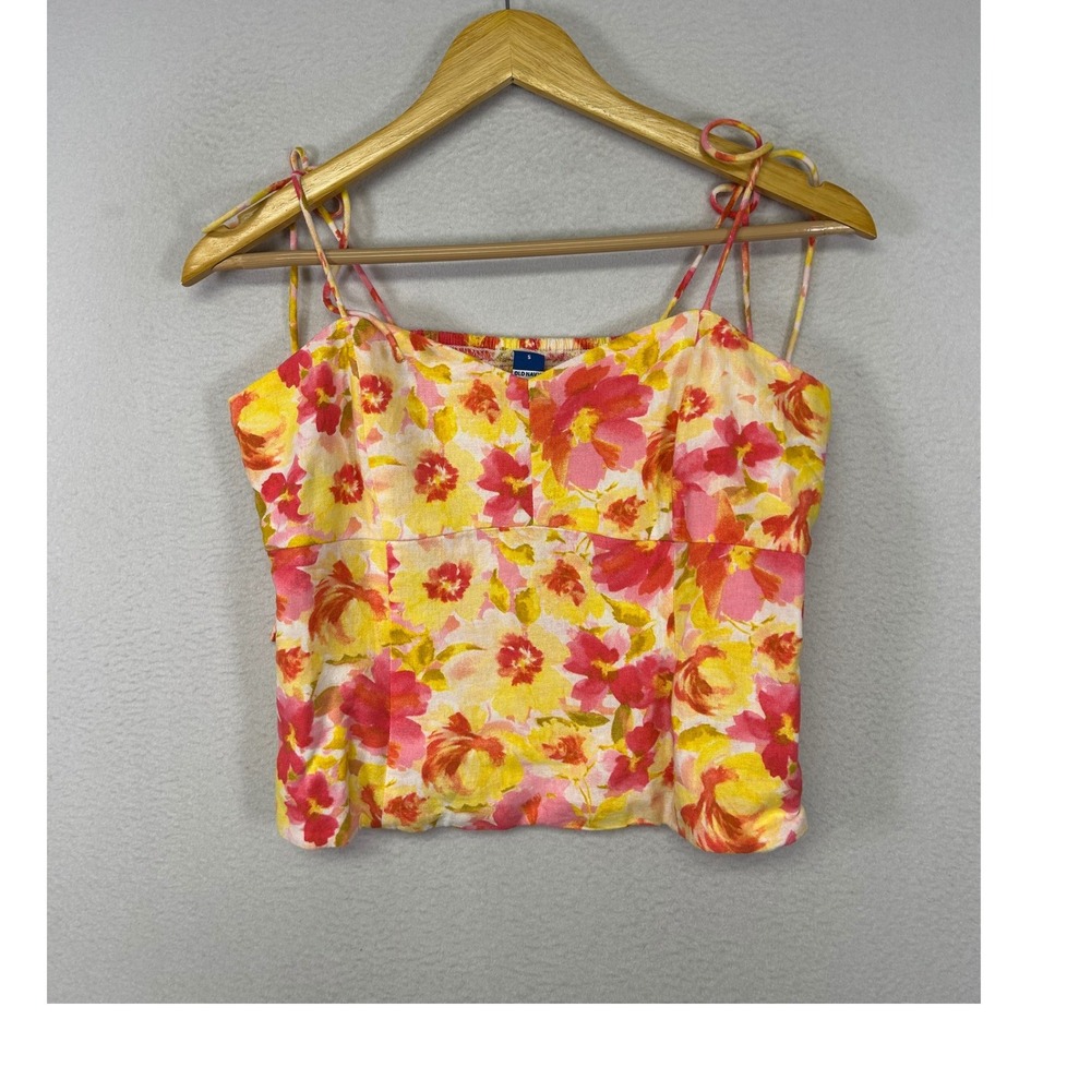 Cottagecore Old Navy NWT Women S Pink Yellow Floral Linen Blend Tie Strap Top